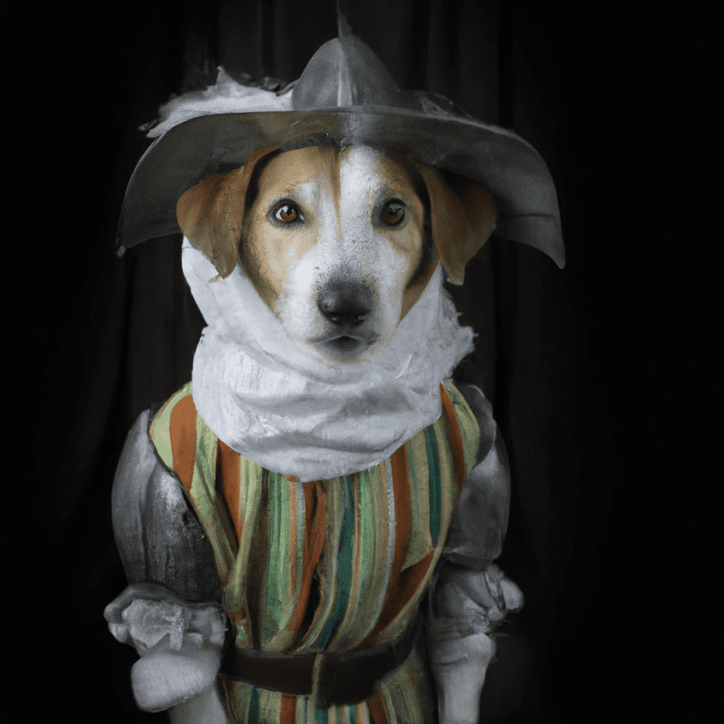 Portrait of a Jack Russel dressed as an ancient knight.